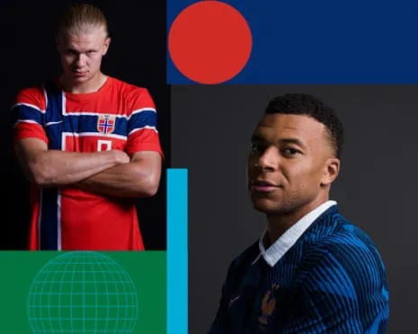A composite of Erling Haaland and Kylian Mbappé posing in front of black backgrounds