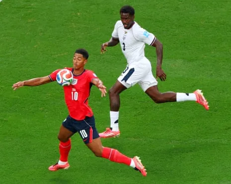 Jude Bellingham in action with Jose Cordoba as England v Panama gets under way in New Jersey.
