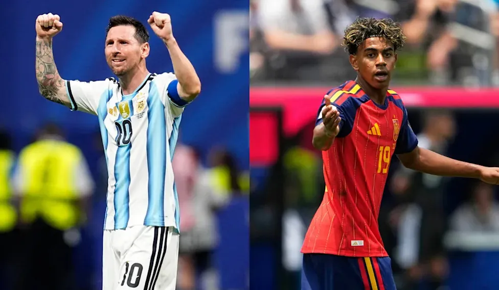 A soccer player, Lionel Messi, raises his arms triumphantly in the photo on the left, while another player, Lamine Yamal, opens his arms in protest during the 2026 FIFA World Cup